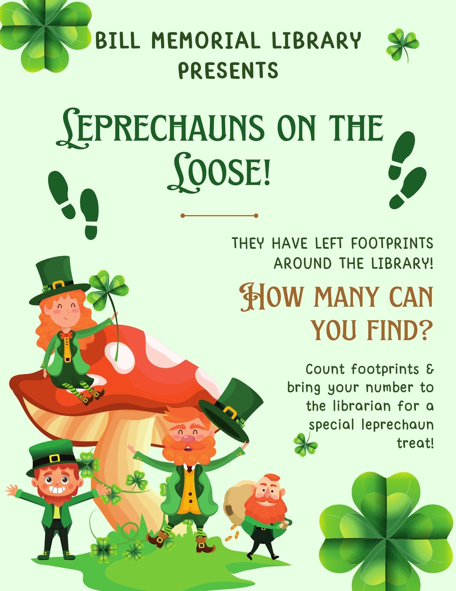 2024 March Leprechauns on the Loose! BILL MEMORIAL LIBRARY